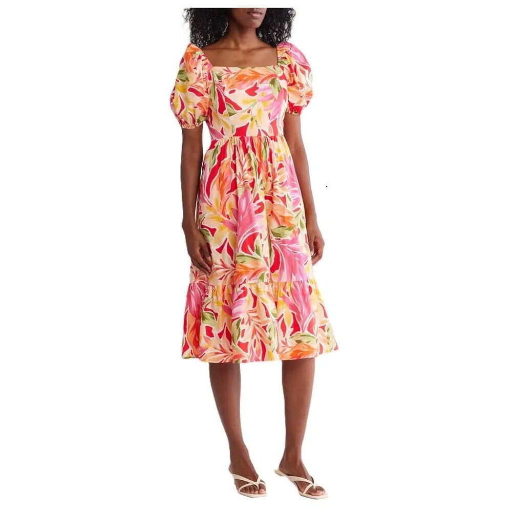 Vince Camuto Womens 12 Pink Multi Floral Print Puff Sleeve Midi Dress NWT W19